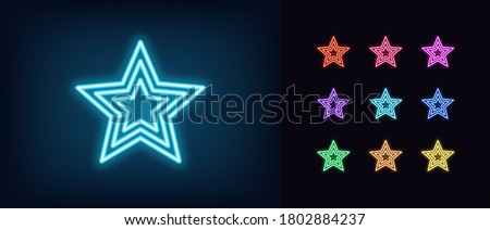 Neon star icon. Glowing neon superstar sign, award in vivid colors. Glamour celebrity, starry shape, fashion party, bright popularity. Icon set, sign, symbol for UI. Vector illustration