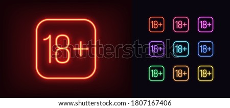 Neon 18 plus icon. Glowing neon 18 age sign, adult content in vivid colors. Under 18 restriction in social media, game, cinema and advertisement. Icon set, sign, symbol for UI. Vector illustration