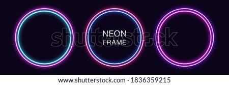 Neon circle Frame. Set of round neon Border with double outline. Geometric shape with copy space, futuristic graphic element for social media stories. Blue, pink, purple, violet. Fully Vector