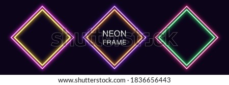 Neon rhomb Frame. Set of rhombus neon Border with double outline. Geometric shape with copy space, futuristic glowing element for social media stories. Yellow, purple, orange, green. Fully Vector