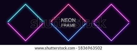 Neon rhomb Frame. Set of rhombus neon Border in 2 angular parts. Geometric shape with copy space, futuristic glowing element for social media stories. Blue, pink, purple, violet. Fully Vector