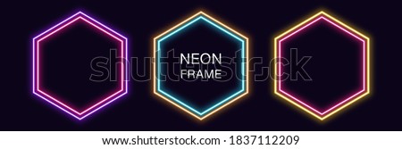 Neon hexagon Frame. Set of hexagonal neon Border with double outline. Geometric shape with copy space, futuristic glowing element for social media stories. Yellow, pink, orange, azure. Fully Vector