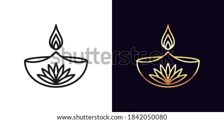 Outline diya icon with editable stroke. Linear golden Diya lamp with fire and lotus flower, Deepavali. Happy Diwali, Festival of the Lights in India. Vector icon, sign, symbol for UI and Animation