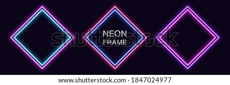 Neon rhomb Frame. Set of rhombus neon Border with double outline. Geometric shape with copy space, futuristic glowing element for social media stories. Blue, pink, purple, violet. Fully Vector