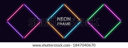 Neon rhomb Frame. Set of rhombus neon Border in 4 outline parts. Geometric shape with copy space, futuristic glowing element for social media stories. Violet, pink, orange, azure. Fully Vector