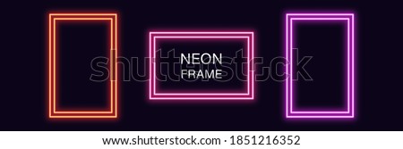 Neon rectangle Frame. Set of rectangular neon Border with double outline. Geometric shape with copy space, futuristic graphic element for social media stories. Red, pink, purple color. Fully Vector