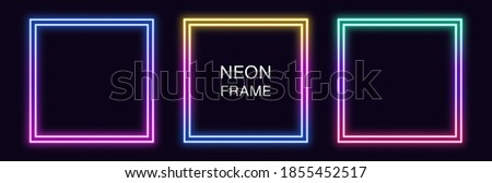 Gradient neon square Frame. Vector set of quadrate neon Border with double outline. Geometric shape with copy space, futuristic graphic element for social media stories. Rainbow, iridescent color