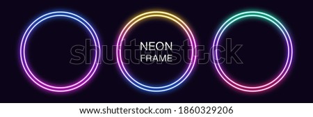 Gradient neon circle Frame. Vector set of round neon Border with double outline. Geometric shape with copy space, futuristic graphic element for social media stories. Rainbow, iridescent color