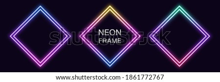 Gradient neon rhomb Frame. Vector set of rhombus neon Border with double outline. Geometric shape with copy space, futuristic graphic element for social media stories. Rainbow, iridescent color