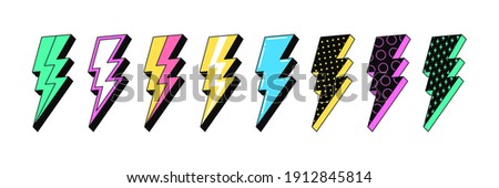 Isolated Lightning bolt signs. 4st set of flash thunderbolts with texture for zine retro culture and crazy futuristic design. Electric voltage, energy charge and lightning power. Vector illustration