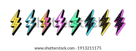 Isolated Lightning bolt signs. 3st set of flash thunderbolts with texture for zine retro culture and crazy futuristic design. Electric voltage, energy charge and lightning power. Vector illustration