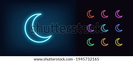 Neon crescent icon. Glowing neon crescent sign, outline moon symbol and silhouette in vivid colors. Lunar night, sleep time, moonlight, night dream. Vector icon set, sign, pictogram for UI