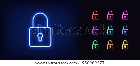 Neon closed lock icon. Glowing neon lock sign, outline padlock silhouette in vivid colors. Personal data protection, cyber security, reliable storage of information. Vector icon set, sign, pictogram