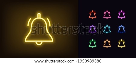 Neon bell icon. Glowing neon bell sign, outline notification pictogram in vivid colors. Online push notification, reminder sound alert, active alarm setting, updating. Vector icon set, sign for UI