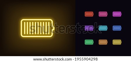 Neon battery icon. Glowing neon accumulator sign, outline electric charge pictogram in vivid colors. Phone battery with full charge, electrical charging station. Vector icon set, sign, symbol for UI