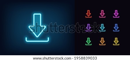 Neon download icon. Glowing neon download sign, outline arrow pictogram in vivid colors. Online data saving, information downloading, interaction with files. Vector icon set, sign, symbol for UI