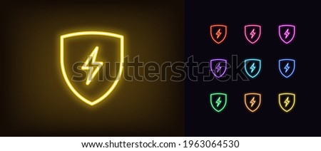 Neon electric shield icon. Glowing neon shield with lightning sign, outline charge pictogram. Safe charging, electric station, voltage protection, spark. Vector icon set, sign, symbol for UI