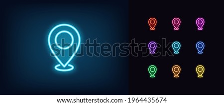 Neon map pin icon. Glowing neon marker sign, outline pointer pictogram in vivid color. Navigation mark, destination point, location marker, address place. Vector icon set, sign, symbol for UI