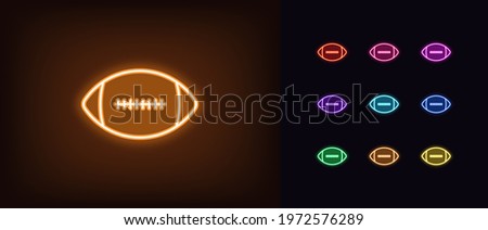 Neon American football icon. Glowing neon rugby ball sign, outline football pictogram in vivid color. Online game, sport match, tournament, live broadcast. Vector icon set, sign, symbol for UI