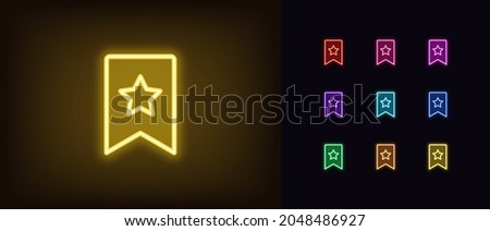 Outline neon bookmark icon with star. Glowing neon bookmark sign, favorites pictogram in vivid colors. Add liked choice, save favored content, ribbon mark. Vector icon set, sign, symbol for UI