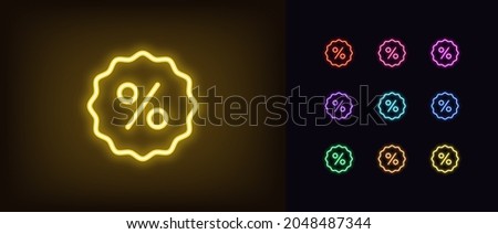 Outline neon percentage icon. Glowing neon percentage sign, discount tag pictogram in vivid colors. Online shopping, sale, discount price offer, advertising. Vector icon set, sign, symbol for UI