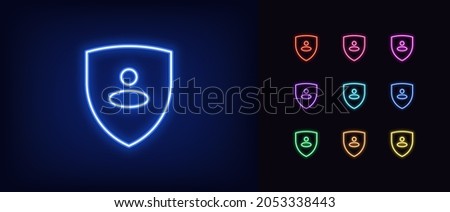 Outline neon shield icon with user. Glowing neon, personal guard sign, user security pictogram. Protection of personal data and information, secure access. Vector icon set, sign, symbol for UI