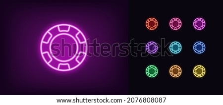 Outline neon poker chip icon. Glowing neon poker chip, gaming token pictogram in vivid colors. Online casino, poker game, playing chip, lucky bet. Vector icon set, sign, symbol for UI