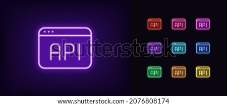 Outline neon API icon. Glowing neon app window with API sign, development interface pictogram. Application programming interface, software and app development. Vector icon set, symbol for UI