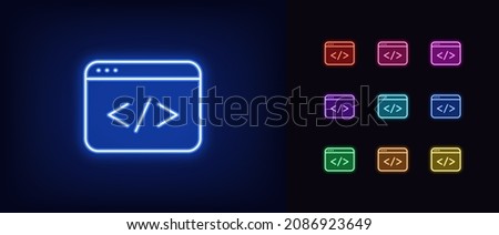 Outline neon coding icon. Glowing neon app window with code sign, web development pictogram. Software and app development, programming language. Vector icon set, symbol for UI