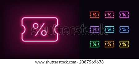 Outline neon discount coupon icon. Glowing neon coupon with percentage sign, discount tag pictogram. Online shopping, special sale offer, bonus discount. Vector icon set, sign, symbol for UI