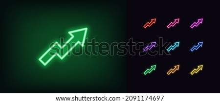 Outline neon arrow growth icon. Glowing neon upward chart sign, rise arrow pictogram in vivid colors. Financial forecast, rise in shares, increase profit, growing trend. Vector icon set, symbol for UI