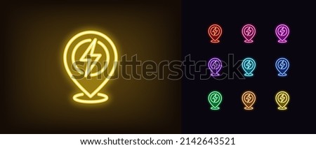 Outline neon electric station pin icon. Glowing neon map pin with lightning sign, charge point pictogram. Navigation marker, charging station and place for electric vehicle. Vector icon set for UI