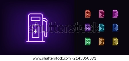 Outline neon electric station icon. Glowing neon charging station with battery and lightning sign, charge point pictogram. Electric charger, recharge place for electric vehicle. Vector icon set for UI