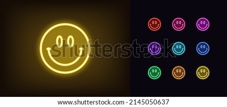 Outline neon smiling emoji icon. Glowing neon happy emoticon with big smile and eyes, happy face pictogram. Cute funny emoji, comic face, glad and fun mood. Vector icon set, symbol for UI