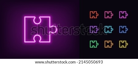 Outline neon puzzle piece icon. Glowing neon jigsaw puzzle part, app addition pictogram. Business solution, game challenge, gaming plugin and addon. Vector icon set, symbol for UI