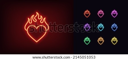 Outline neon burning heart icon. Glowing neon heart with fire, blazing love pictogram. Hot passion, love flame, blazing feeling, passion flame and fire. Vector icon set, silhouette and symbol for UI