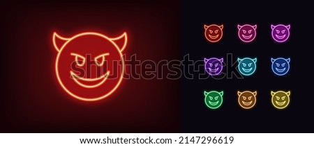 Outline neon devil emoji icon. Glowing neon evil emoticon with horns and smile, demon face pictogram. Mockery emoji, grin devil face, ridicule monster. Vector icon set, symbol for UI