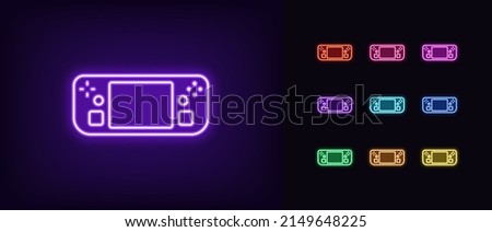 Outline neon handheld game console icon. Glowing neon portable gaming deck device, gadget pictogram. Handheld gamepad with screen, thumbsticks and trackpads. Vector icon set, symbol for UI