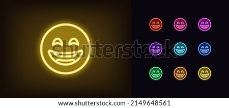Outline neon laugh emoji icon. Glowing neon laughing emoticon sign, humor face pictogram. Funny joke, comic emoji, giggle face, fun mood, jest mouth. Vector icon set, symbol for UI