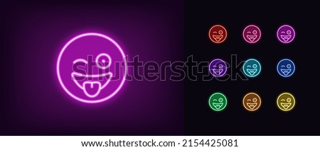 Outline neon crazy emoji icon. Glowing neon silly emoticon with tongue and wink, wacky face pictogram. Funny fool emoji, goofy face, loony emotion, crazy mood. Vector icon set for UI