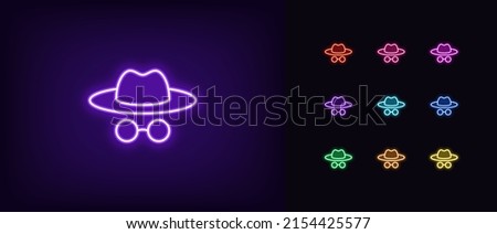 Outline neon incognito man icon. Glowing neon foreign agent and spy with hat and glasses, detective pictogram. Anonym face, invisible mode, hidden person, hacker and spyware. Vector icon set for UI