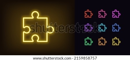 Outline neon puzzle part icon. Glowing neon jigsaw puzzle piece, app addition pictogram. Business solution, game challenge, gaming plugin, extension and addon. Vector icon set for UI
