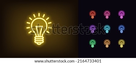 Outline neon electric lamp icon. Glowing neon lightbulb with rays of light, bulb pictogram. Idea and solution, business innovation, creative energy, inspiration power and creativity. Vector icon set