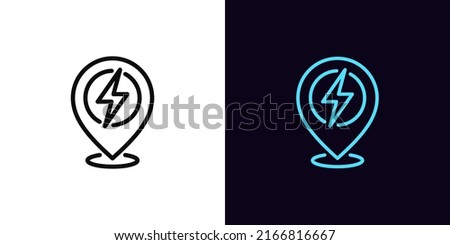 Outline electric station pin icon, with editable stroke. Map pin with lightning sign, charge point pictogram. Navigation marker, charging station and place for electric vehicle. Vector icon for UI