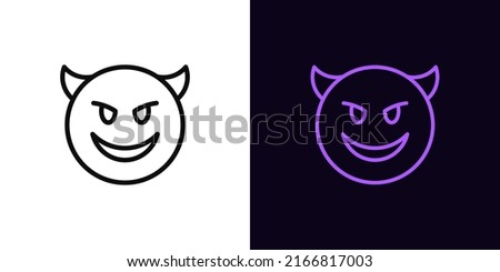 Outline devil emoji icon, with editable stroke. Evil emoticon with horns and smile, demon face pictogram. Mockery emoji, grin devil face, ridicule monster. Vector icon, sign for UI and Animation