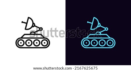 Outline mars rover icon, with editable stroke. Space rover with satellite dish, robot explorer pictogram. Space vehicle and wanderer, cosmic investigation, surface exploration. Vector icon for UI