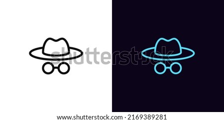 Outline incognito man icon, with editable stroke. Foreign agent and spy with hat and glasses, detective pictogram. Anonym face, invisible mode, hidden person, hacker. Vector icon for UI and Animation