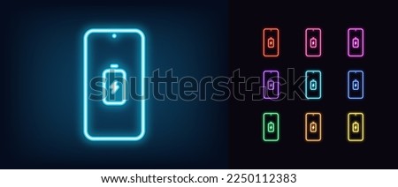 Outline neon mobile phone icon. Glowing neon smartphone frame with battery and lightning sign, electric charging pictogram. Phone battery fast charge process. Smartphone screen. Vector icon set