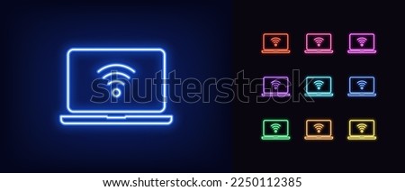 Outline neon laptop icon. Glowing neon laptop screen frame with wifi sign, internet connection pictogram. Wifi signal and hotspot, wireless internet access, free wifi. Vector icon set