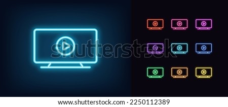 Outline neon television icon. Glowing neon TV screen frame with play button sign, video content pictogram. TV channel play button, music player, entertaining media show. Vector icon set